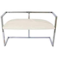 Milo Baughman Style Bench in Polished Chrome and Cream Upholstery