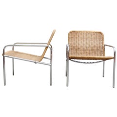 Pair of Martin Visser Attributed Rattan and Chrome Lounge Chairs
