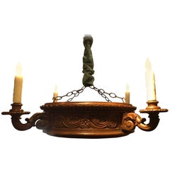 Italian Carved Wood Four-Light Chandelier with a Fluted Corona, 19th Century