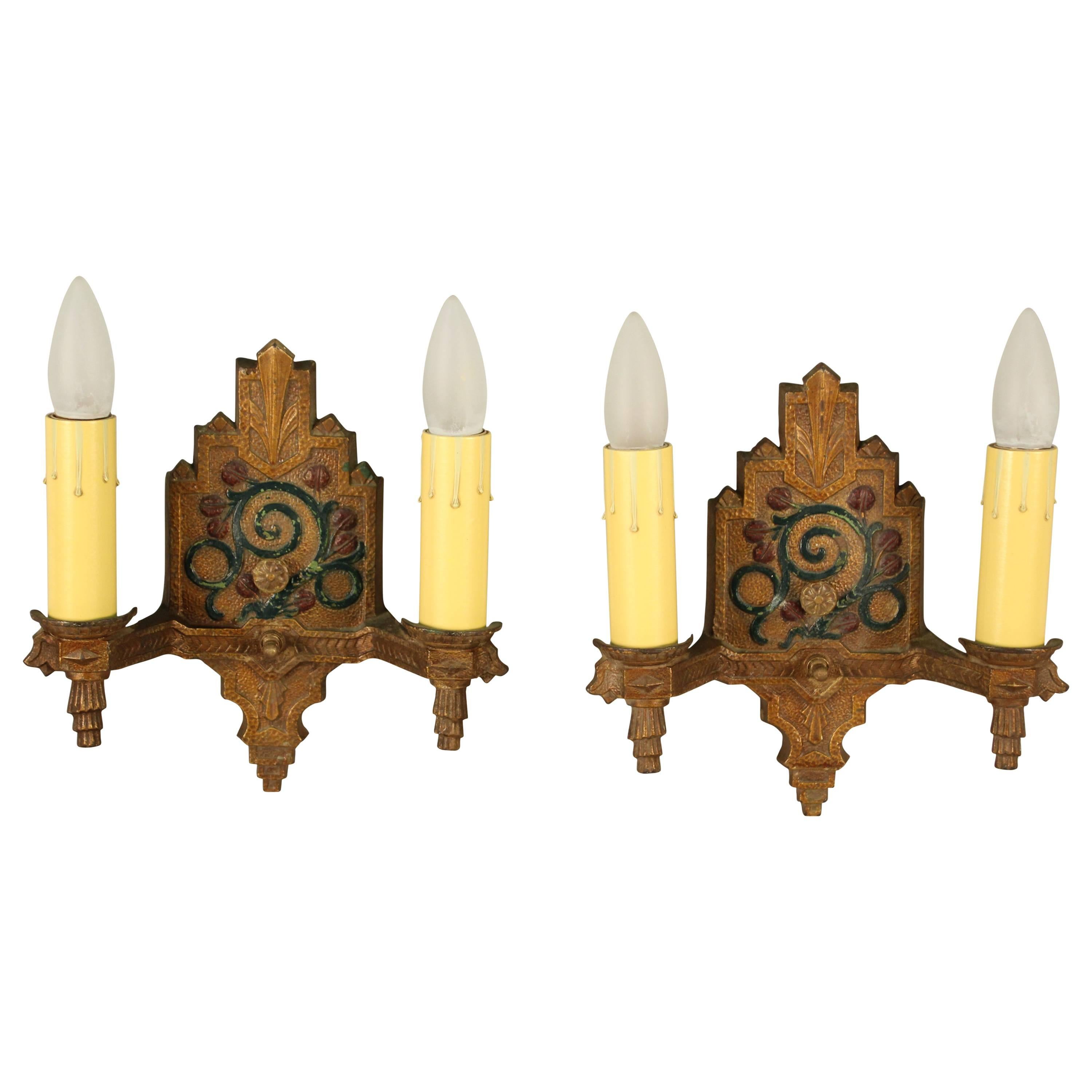 Pair of Double Polychrome Sconces with Floral Motif