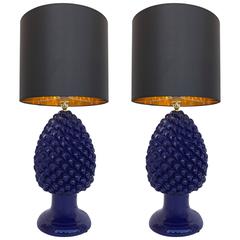 Pair of Lamps Blue Ceramic Pine, Italy, 1980s