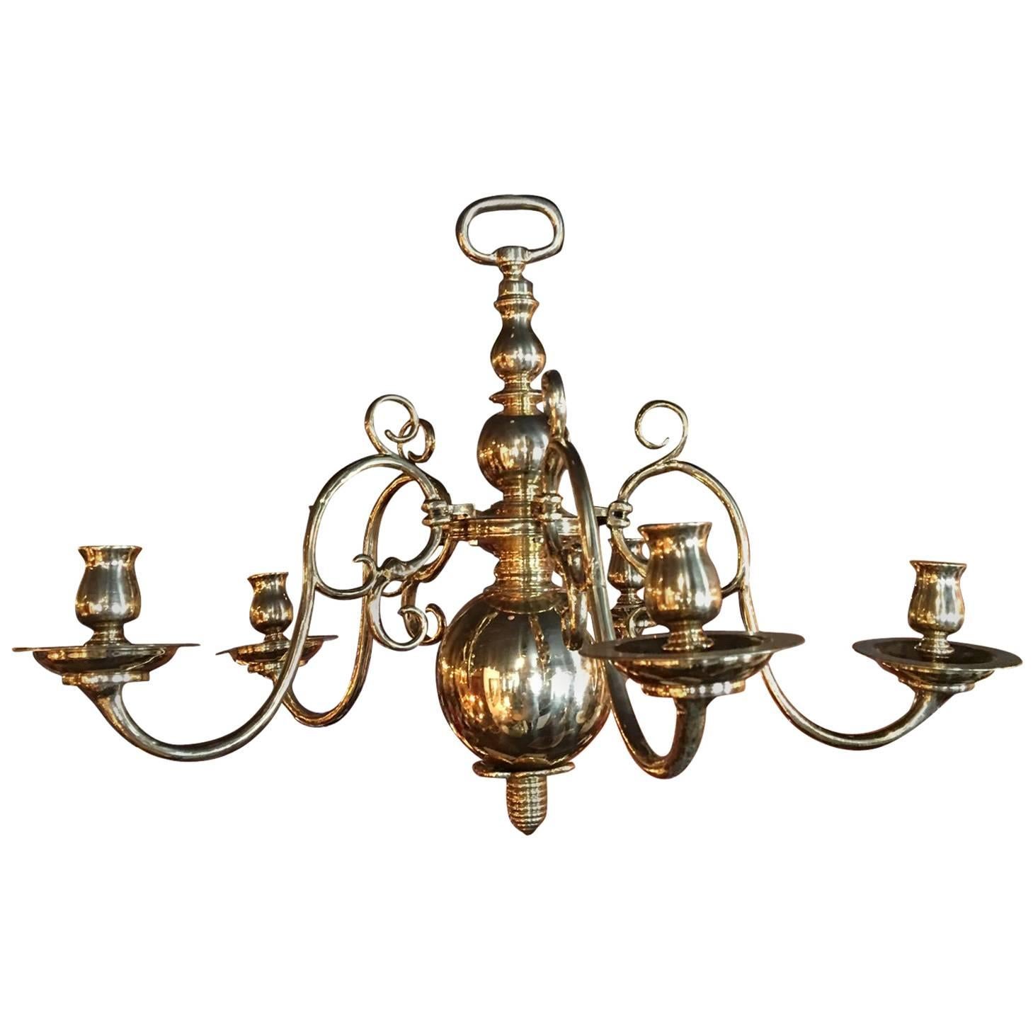 English Polished Brass Five-Arm Candle Chandelier, Early 19th Century