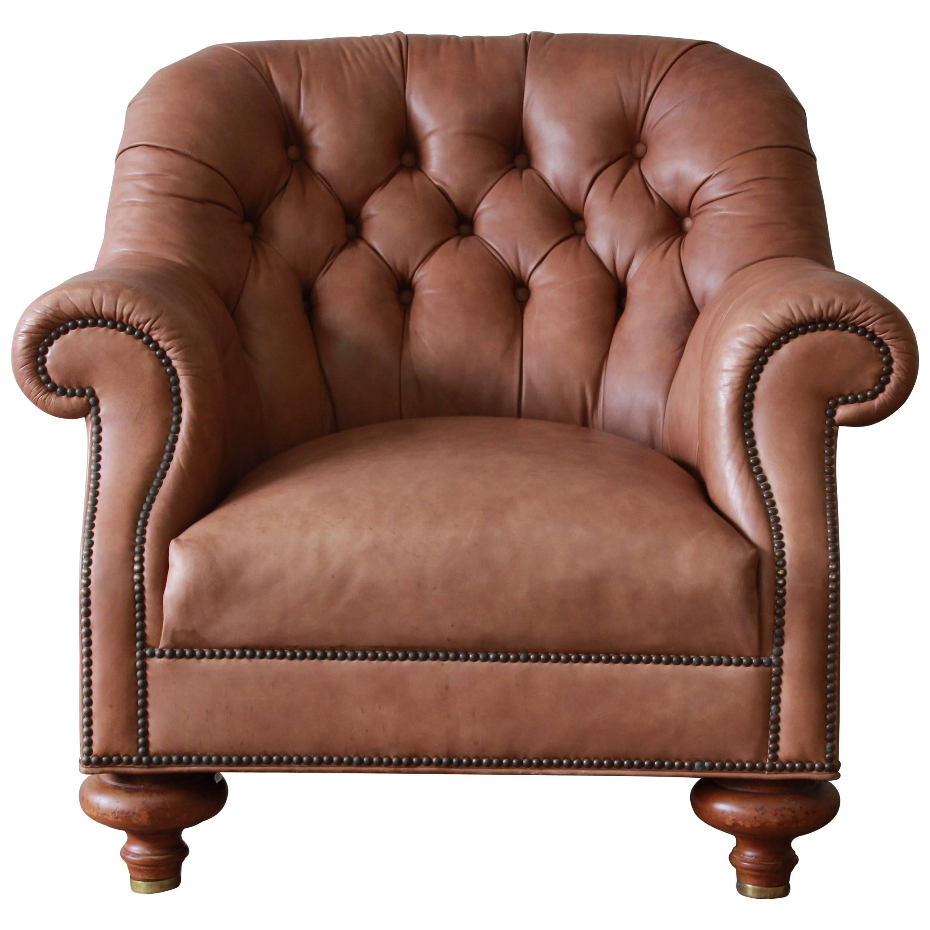 Baker Furniture Brown Leather Chesterfield Club Lounge Chair