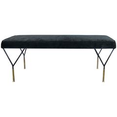 Mid-Century Italian Black Lacquer and Brass Bench with Black Velvet