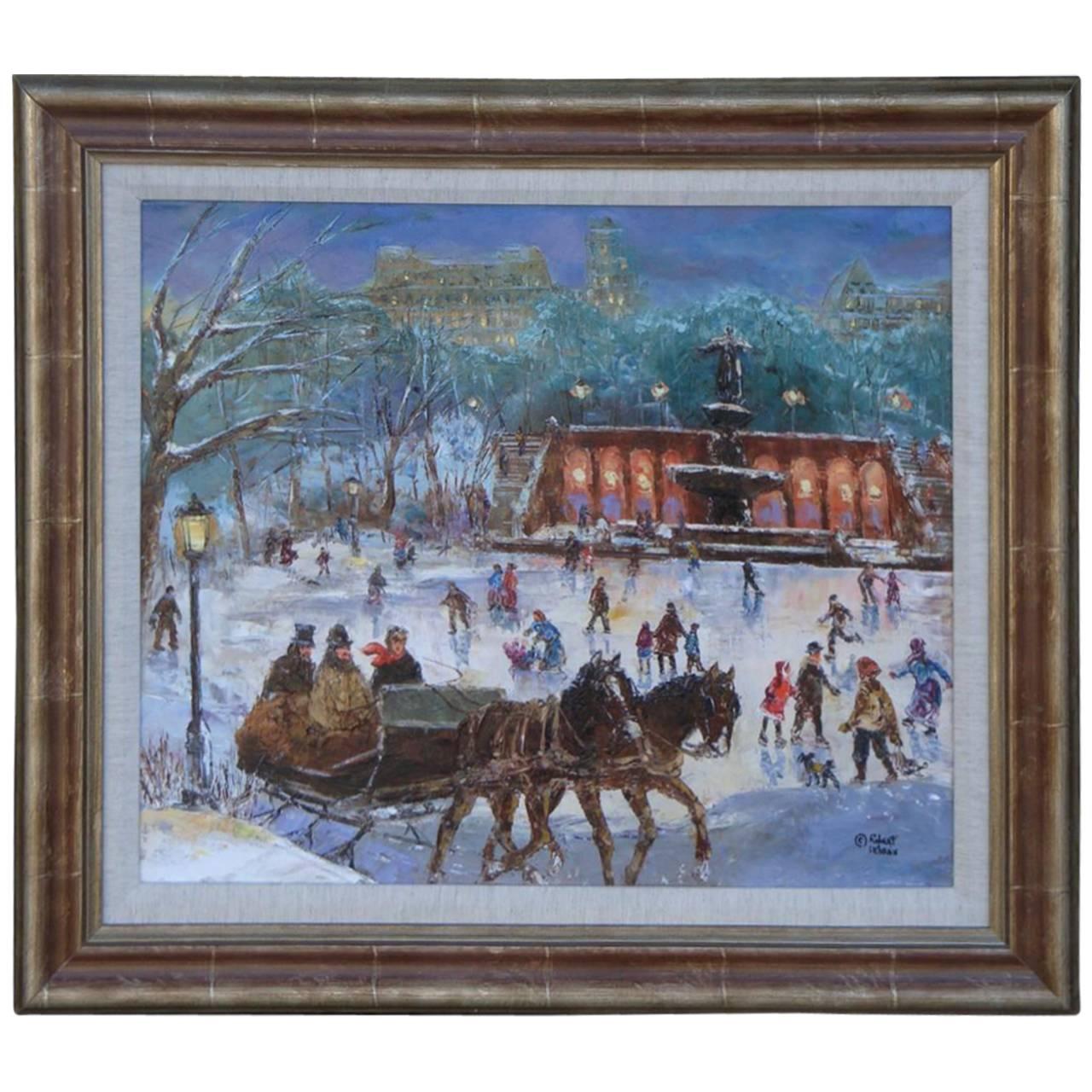 New York City Central Park in Winter Painting by Robert Lebron, 1928-2013 For Sale