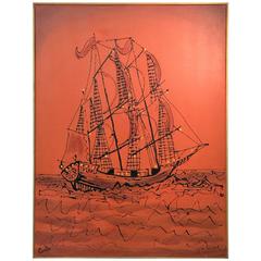 Retro Signed Great Brutalist Bright Orange Pirates Galleon Oil Painting