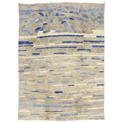 Contemporary Blue and Gray Moroccan Rug with Abstract Tribal Design