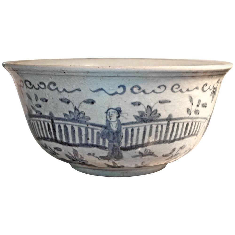 Large 19th Century Rustic Chinese Blue and White Glazed Bowl For Sale