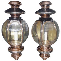 Antique Pair of American Nickel Silver and Copper Coach Lanterns, New Haven, Circa 1860