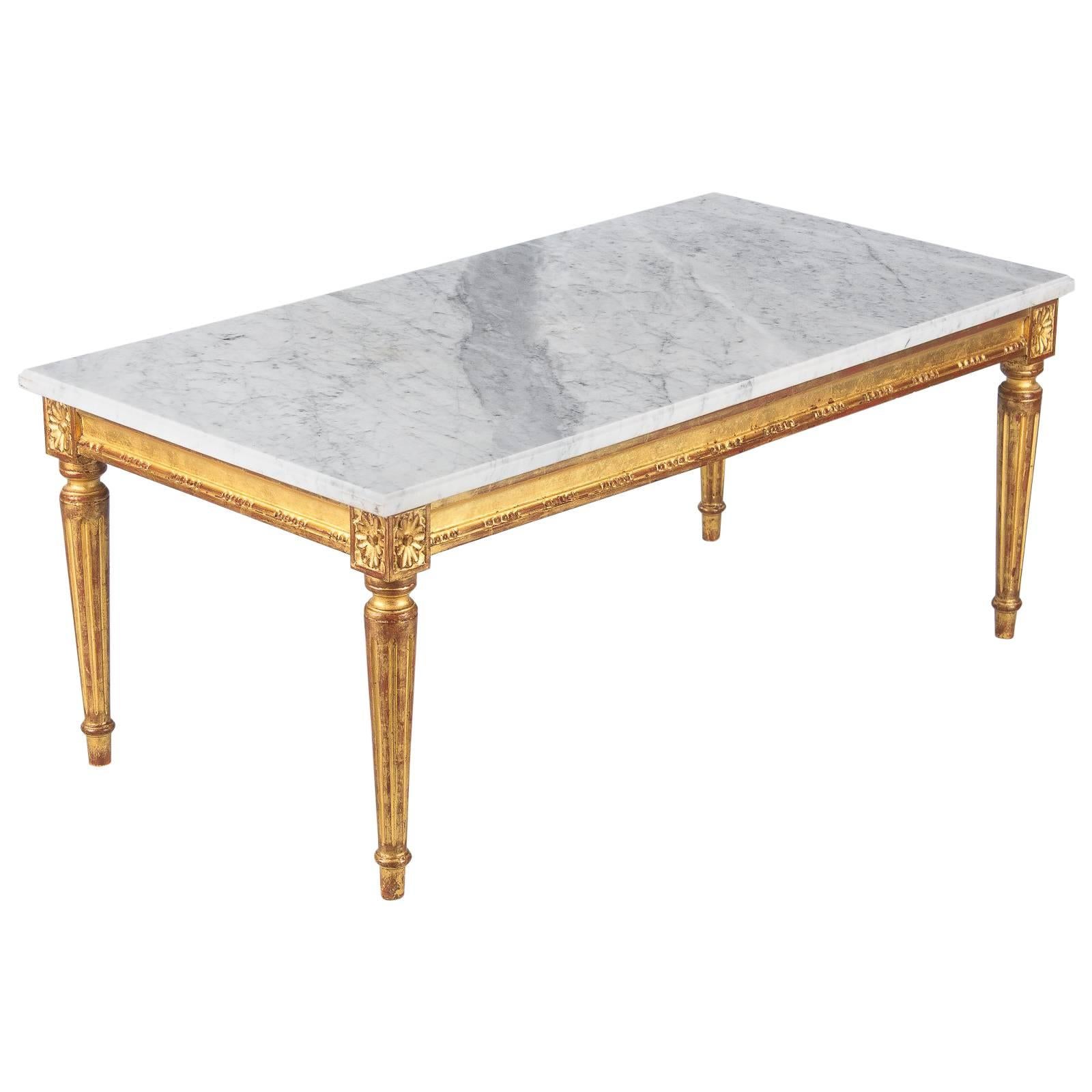 Louis XVI Style Giltwood Coffee Table with Marble Top, 1940s
