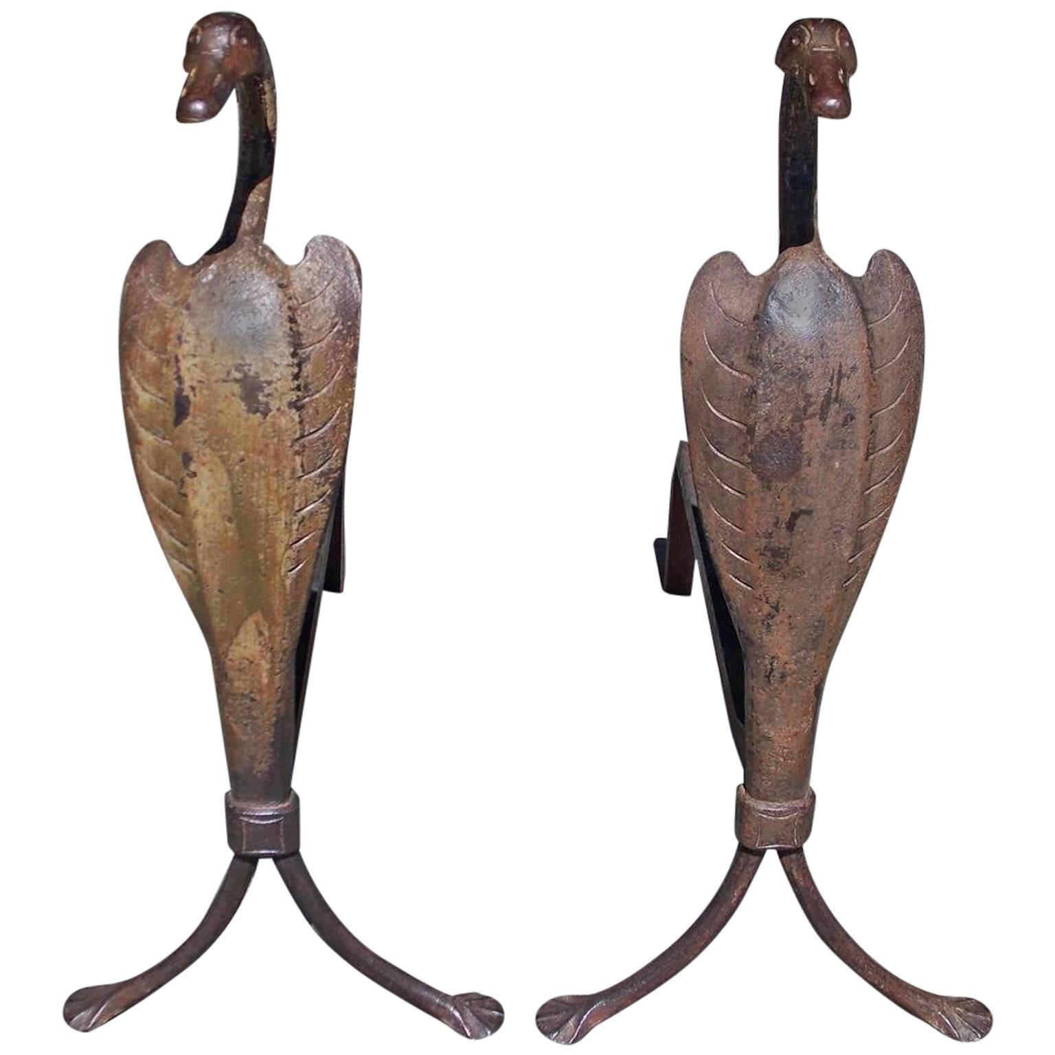 Pair of American Cast Iron Hand Chased Egret Andirons, Circa 1900