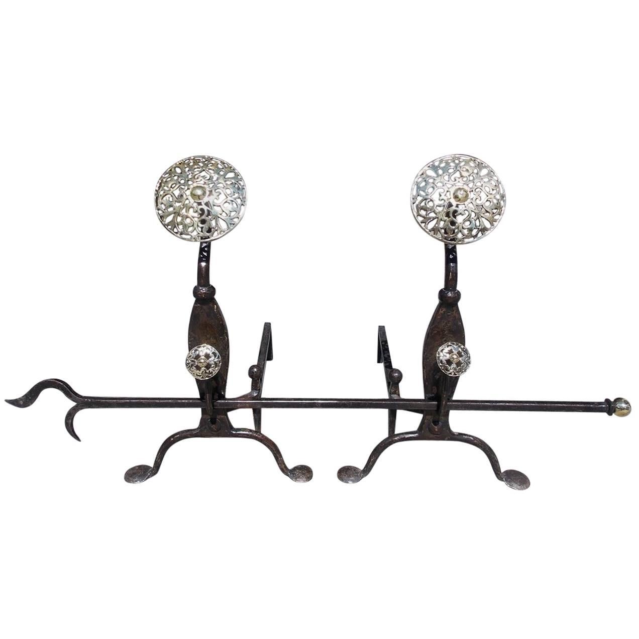 Pair of English Brass and Cast Iron Double Medallion Andirons, Circa 1840 For Sale