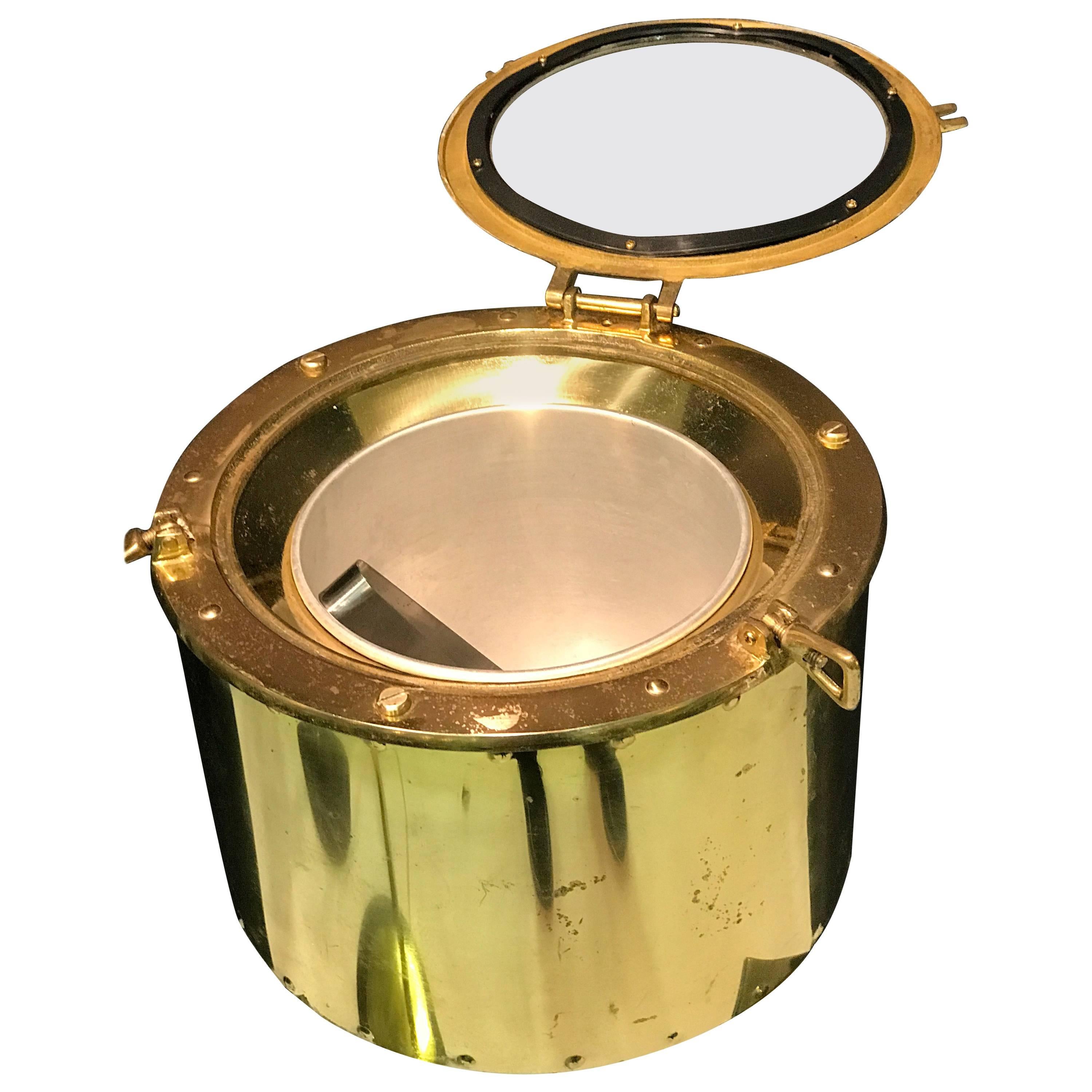 Rare Yacht or Boat Themed Brass Porthole Ice Bucket For Sale
