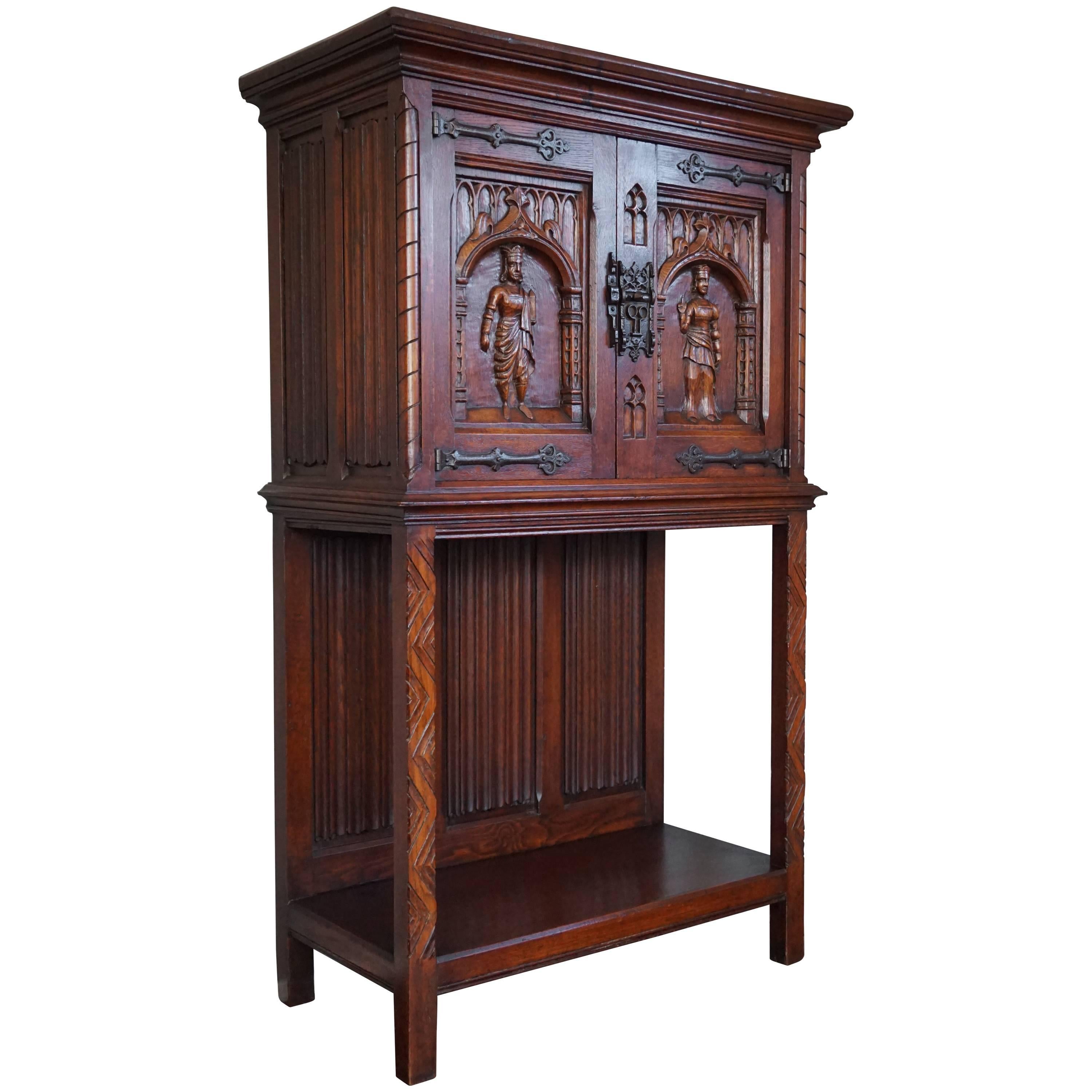 Gothic Revival Credenza / Drinks Cabinet with Hand-Carved King and Queen