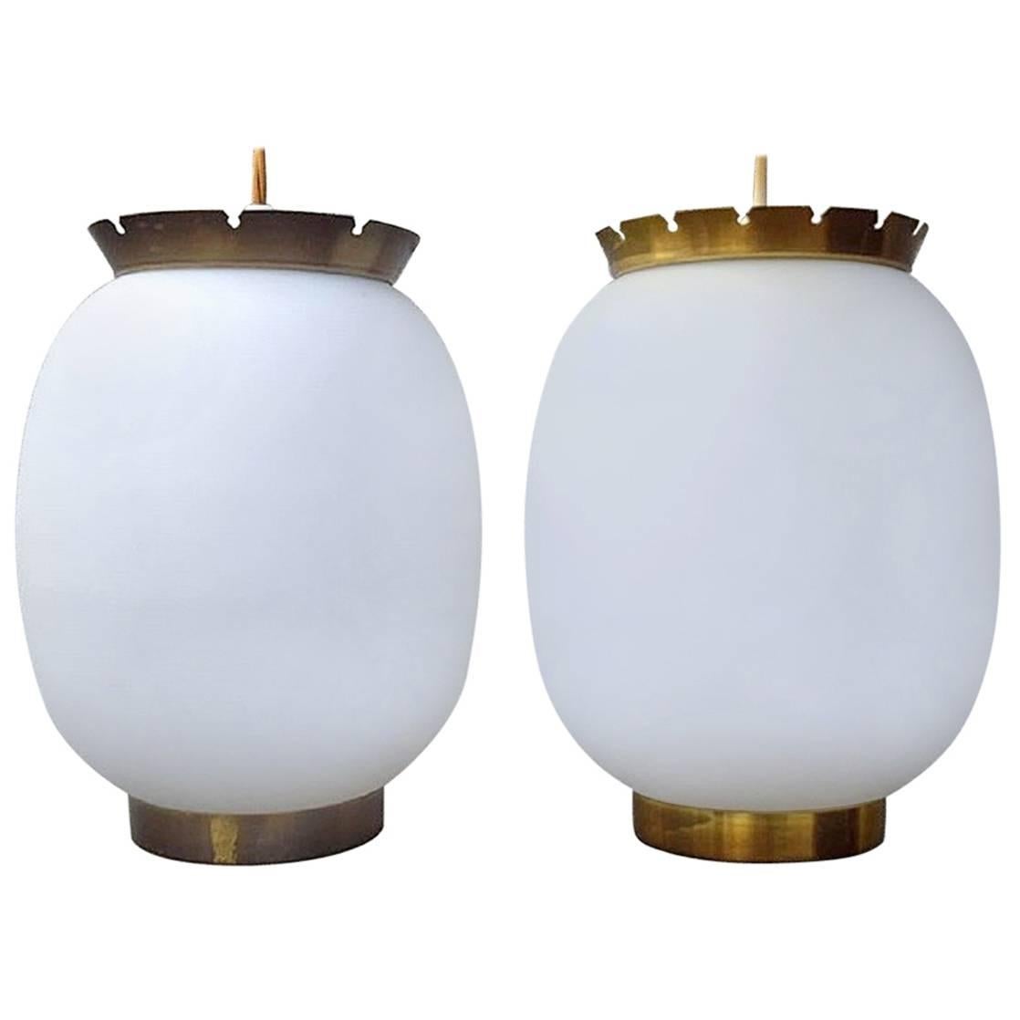 Bent Karlby "China Lamp" Pair of Pendants of Matte Opal Glass