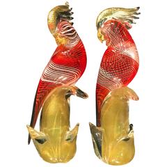 Beautiful Pair of Murano Glass Seguso Luscious Red and White Latticino Birds