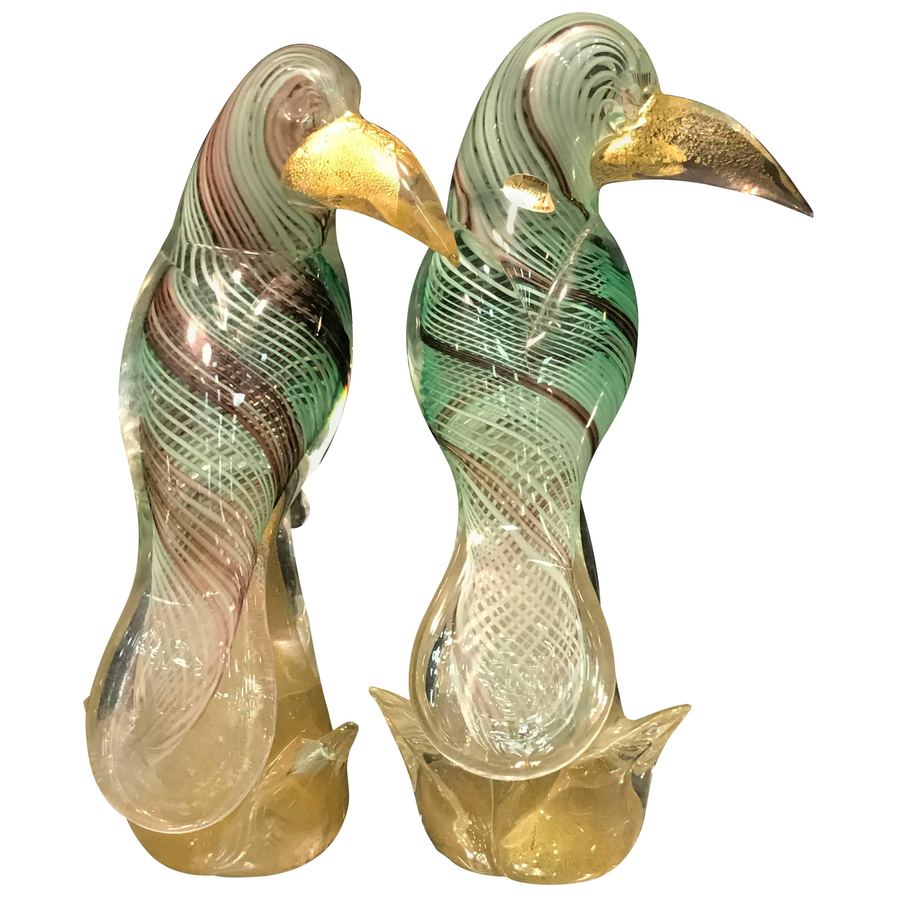 Stunning Pair of Archimede Seguso Murano Glass Green Toucans For Sale