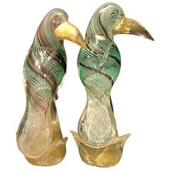 Stunning Pair of Archimede Seguso Murano Glass Green Toucans
