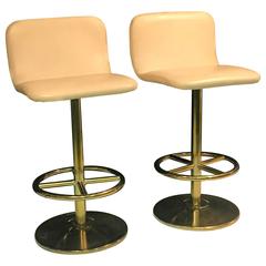 Sensational Pair of Bar Stools with Beige Vinyl Seat and Brass Coated Base