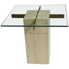 Artedi Vintage Occasional Table in Travertine, Brass, Beveled Glass, circa 1985