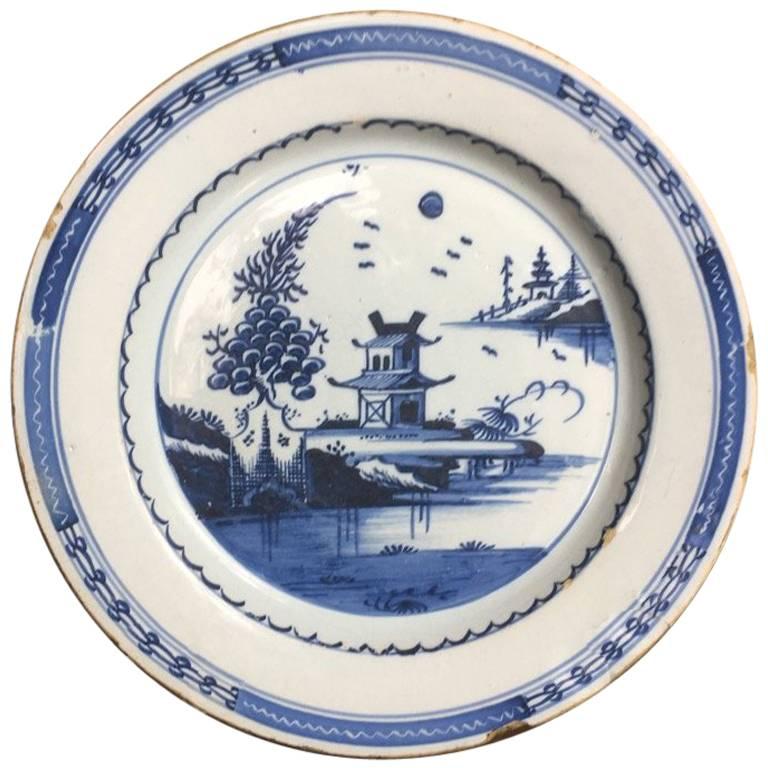 London Delft Plate, Chinese Pagoda, circa 1770 For Sale