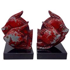 French Style Cast Fish Bookends in Original Worn Paint