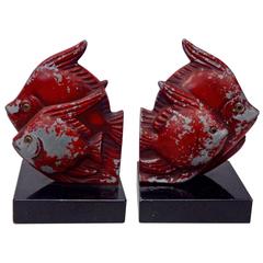 French Style Cast Fish Bookends in Original Worn Paint