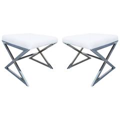 Pair of Chrome X-Base Stools in the Manner of Milo Baughman
