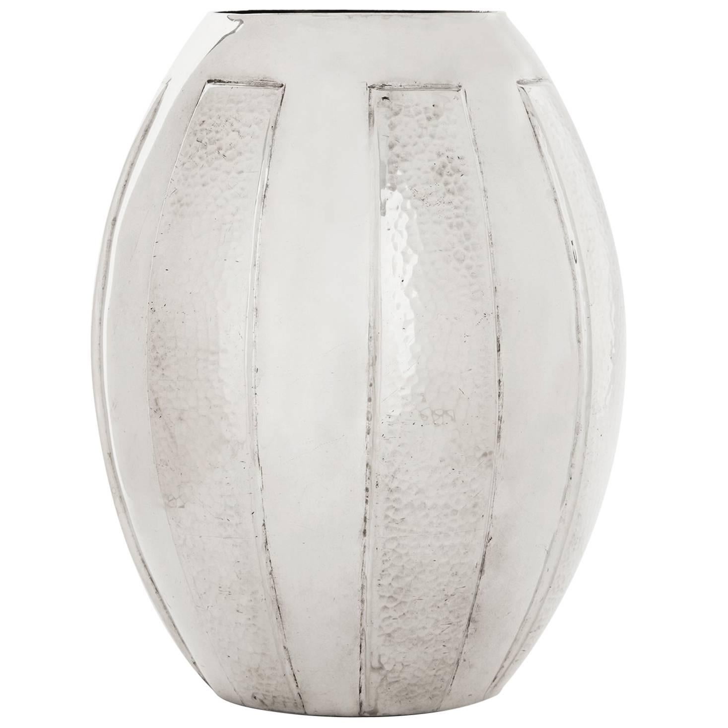 1930, Jean Despres, Vase in Polished Tin with Hammered Strips