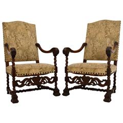 Pair of Antique Carolean Carved Walnut Upholstered Armchairs