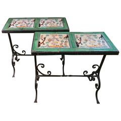 Charming Pair of Dutch Tile and Wrought Iron Side Tables