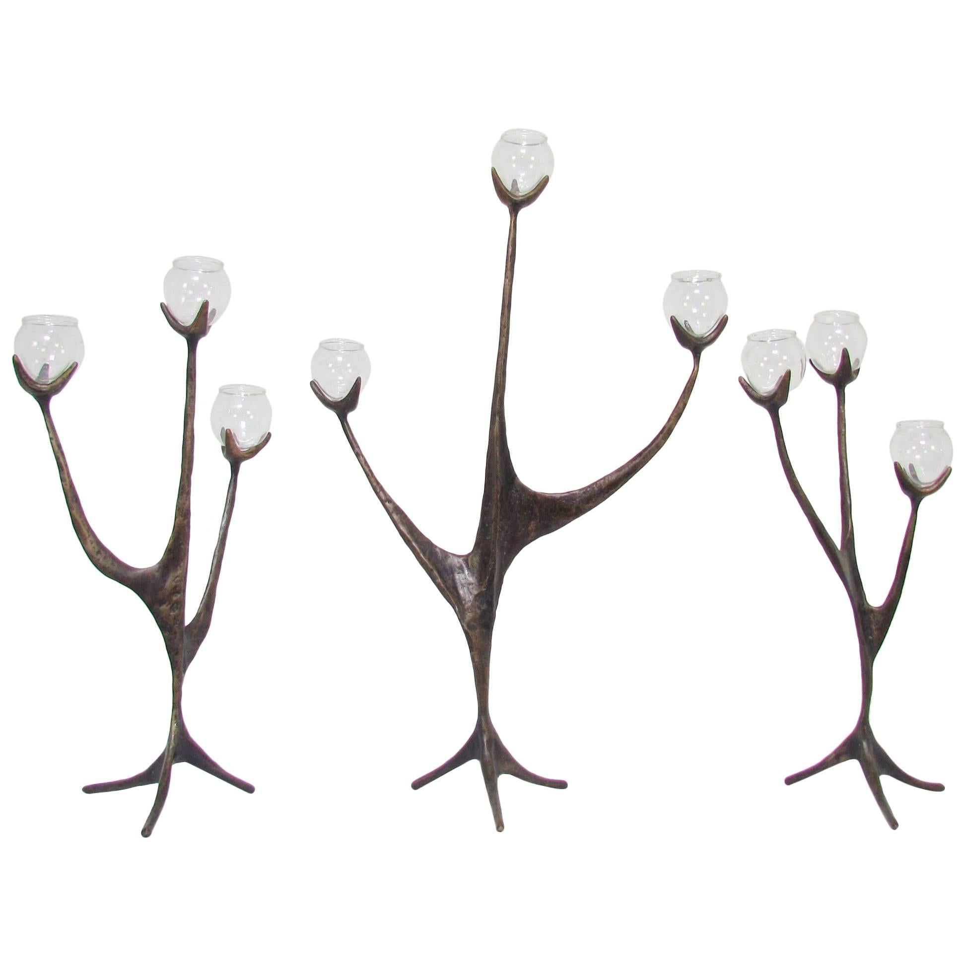 Aharon Bezalel Bronze Sculpture Menorah Candelabra in Three Parts, circa 1970s