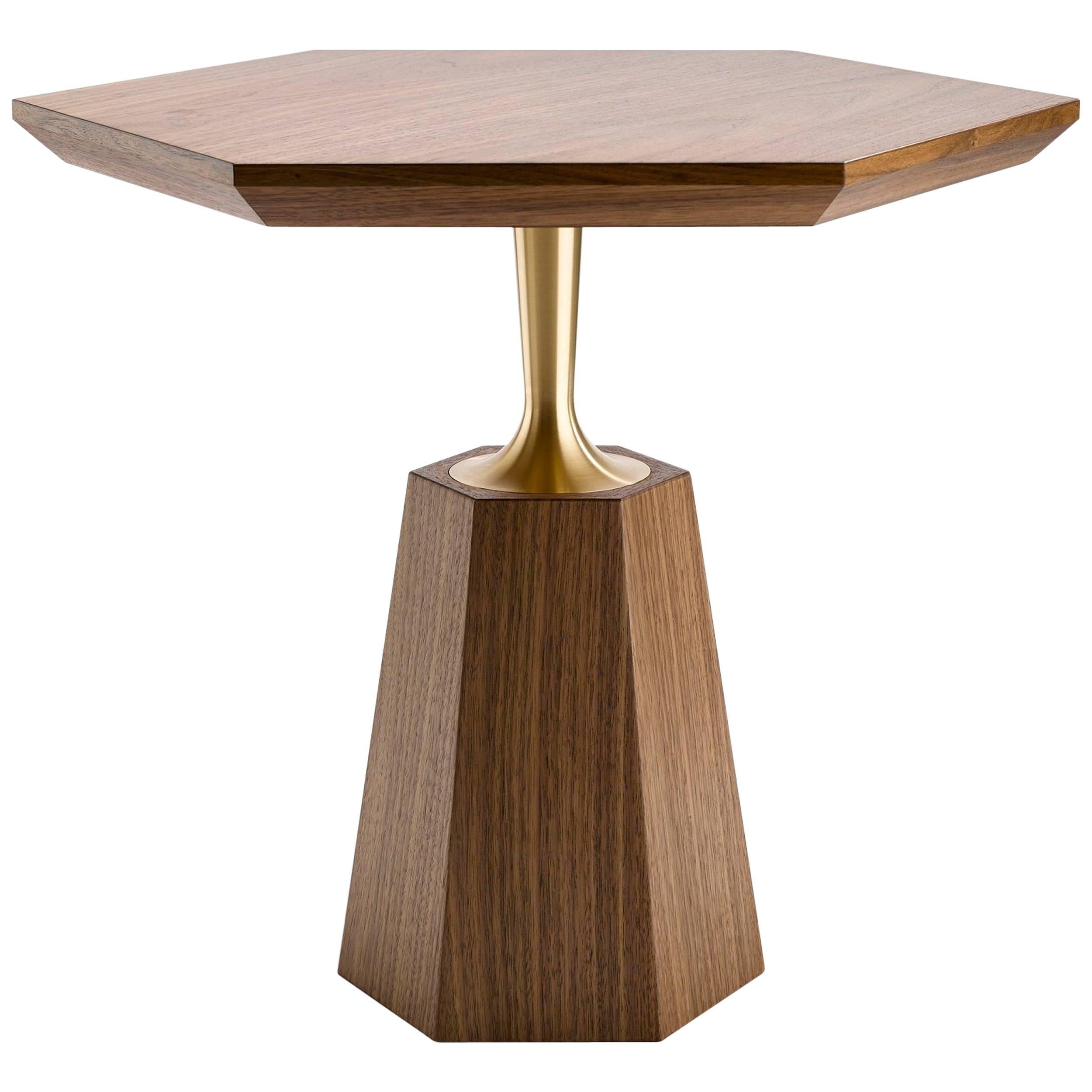 Contemporary Hex Occasional Table in Oak or Walnut and Machined turned Brass For Sale