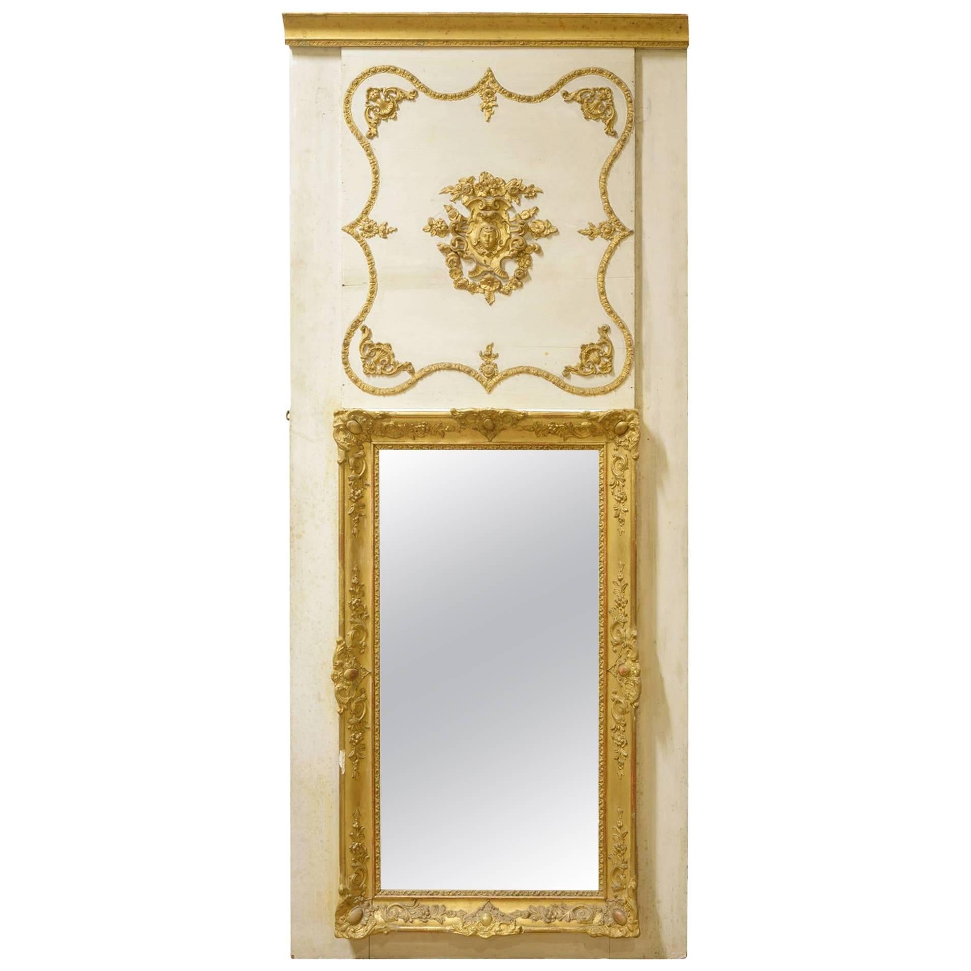 Continental White and Gilt Framed Trumeau Mirror
