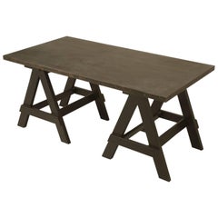 Used Industrial Antiqued Zinc Top Desk, or Kitchen Table On Pair of Sawhorses 