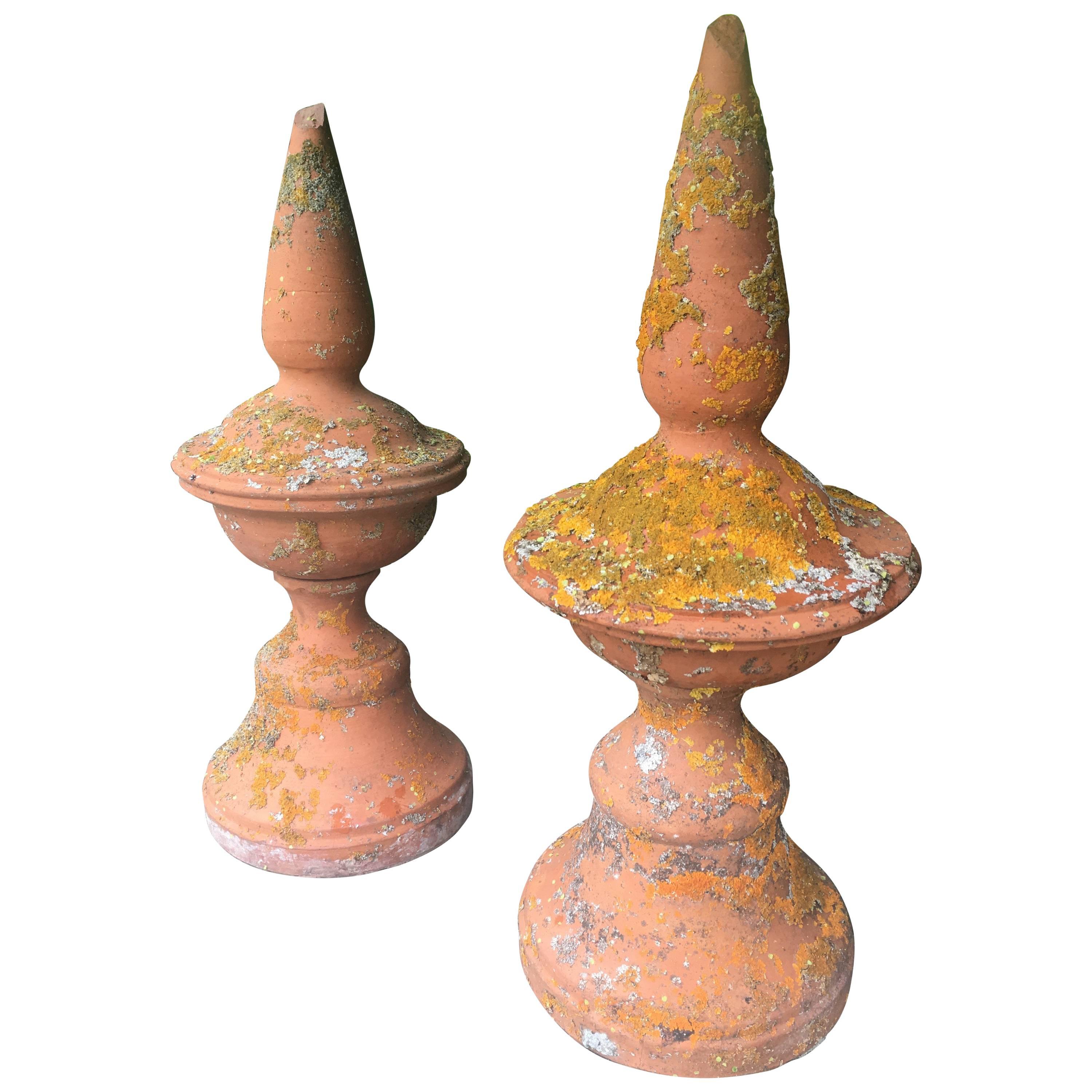 Stunning Pair of French Lichened Terracotta Finials