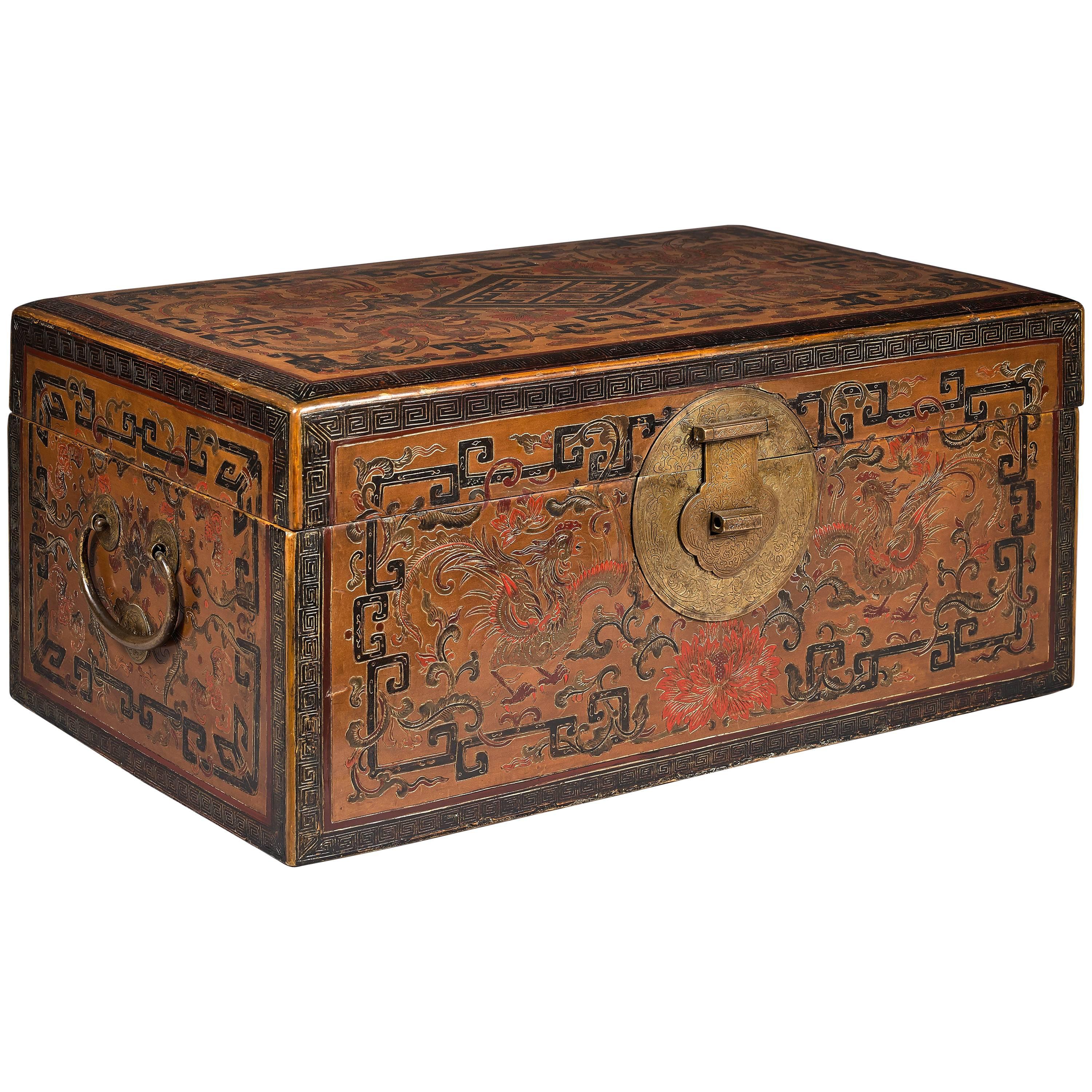 Rare Kangxi Period Chinese Tianqi Lacquer Coffer with Phoenix Patterns For Sale