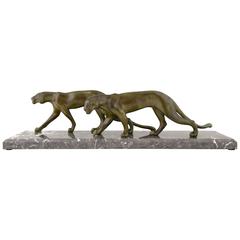 Art Deco Sculpture of Two Walking Panthers by M. Font France