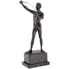 Antique Art Deco Bronze Sculpture of a male nude Fencer by Auguste Durin, 1920
