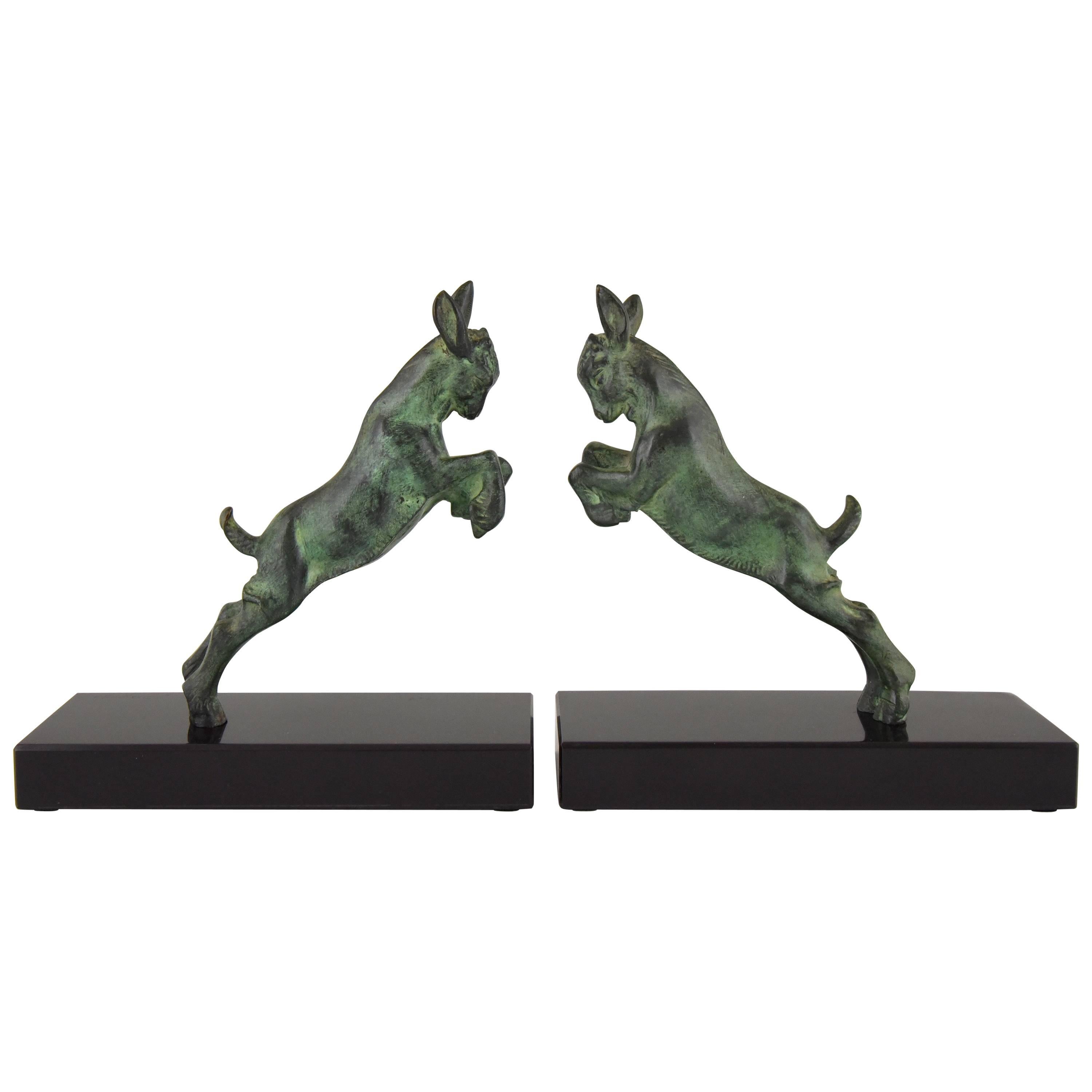 Art Deco Bronze Bookends with Jumping Goats, Joe Descomps,  1930 France