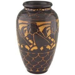 Art Deco Ceramic Vase with Stylized Birds by Charles Catteau for Keramis, 1925