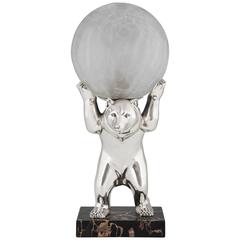 French Art Deco Silvered Bear Lamp with Crackle Glass Globe, Irenee Rochard
