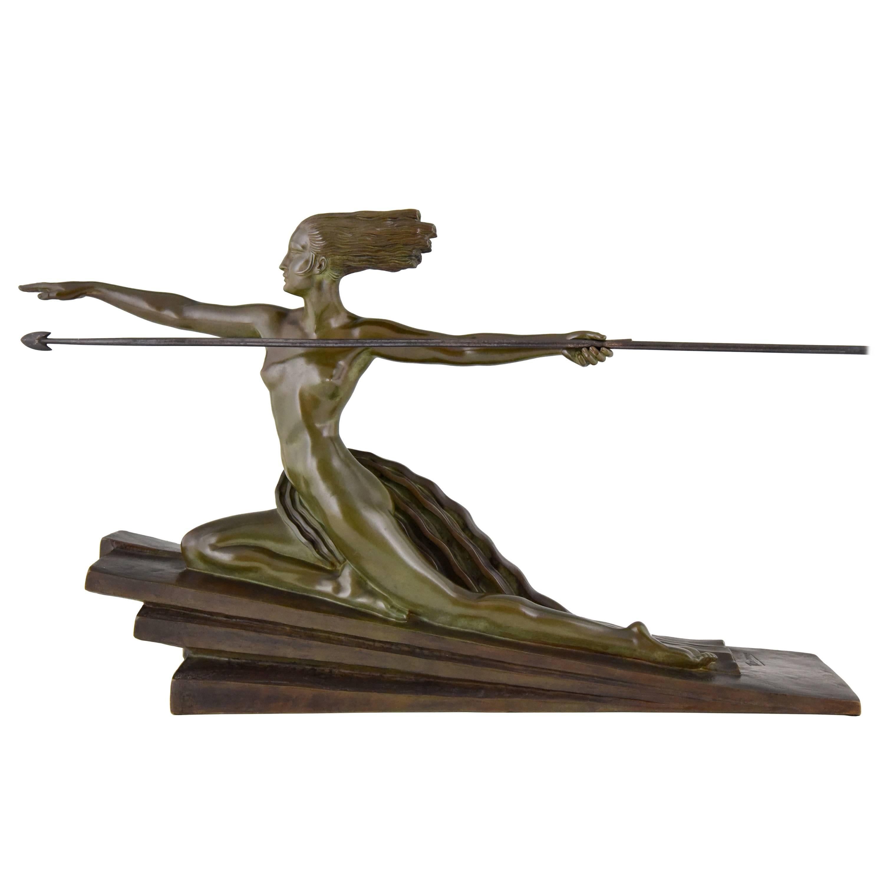 Art Deco Bronze Sculpture Amazon, Nude with Spear, Marcel Bouraine, 1925 France