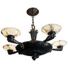 1920s American Style Art Deco Alabaster and Brass Chandelier / Pendant 6