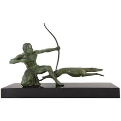 Art Deco Bronze Sculpture Archer with Hunting Dog by Ghanu Gantcheff, 1930