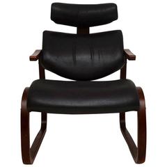  Retro Leather Cantilever Armchair and Stool by Rykken & Co, Vintage, 1970s