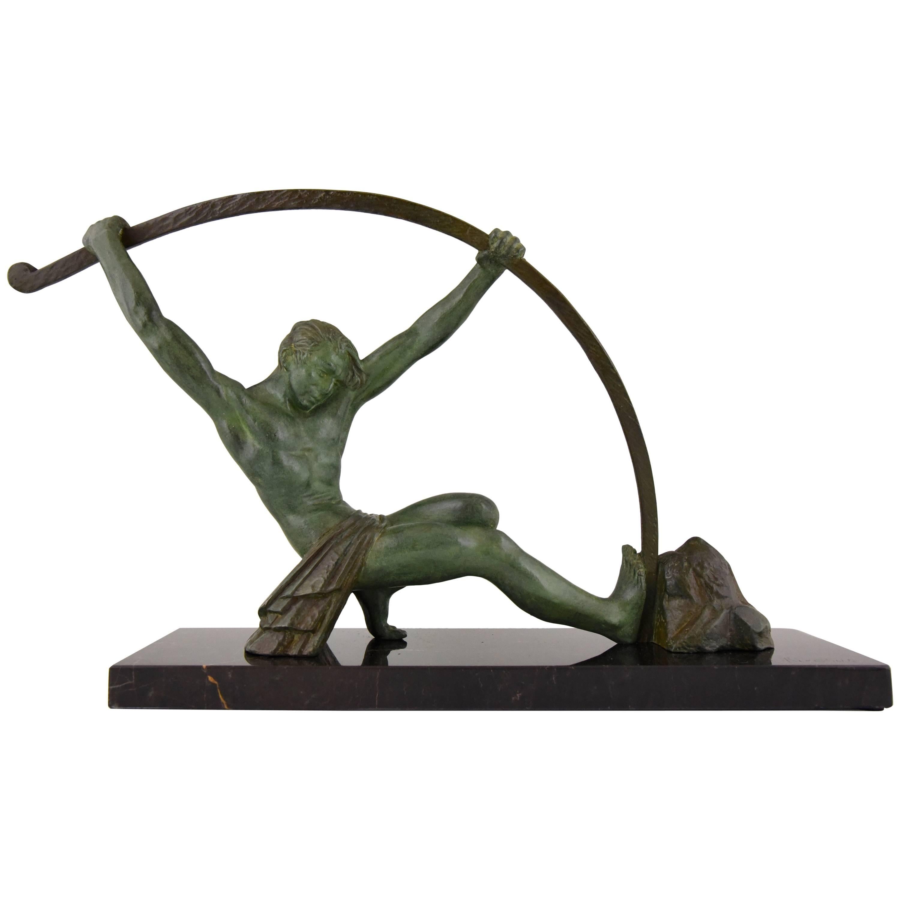 Art Deco Sculpture by Chiparus, Athletic Man Bending a Bar "L'age Du Bronze"