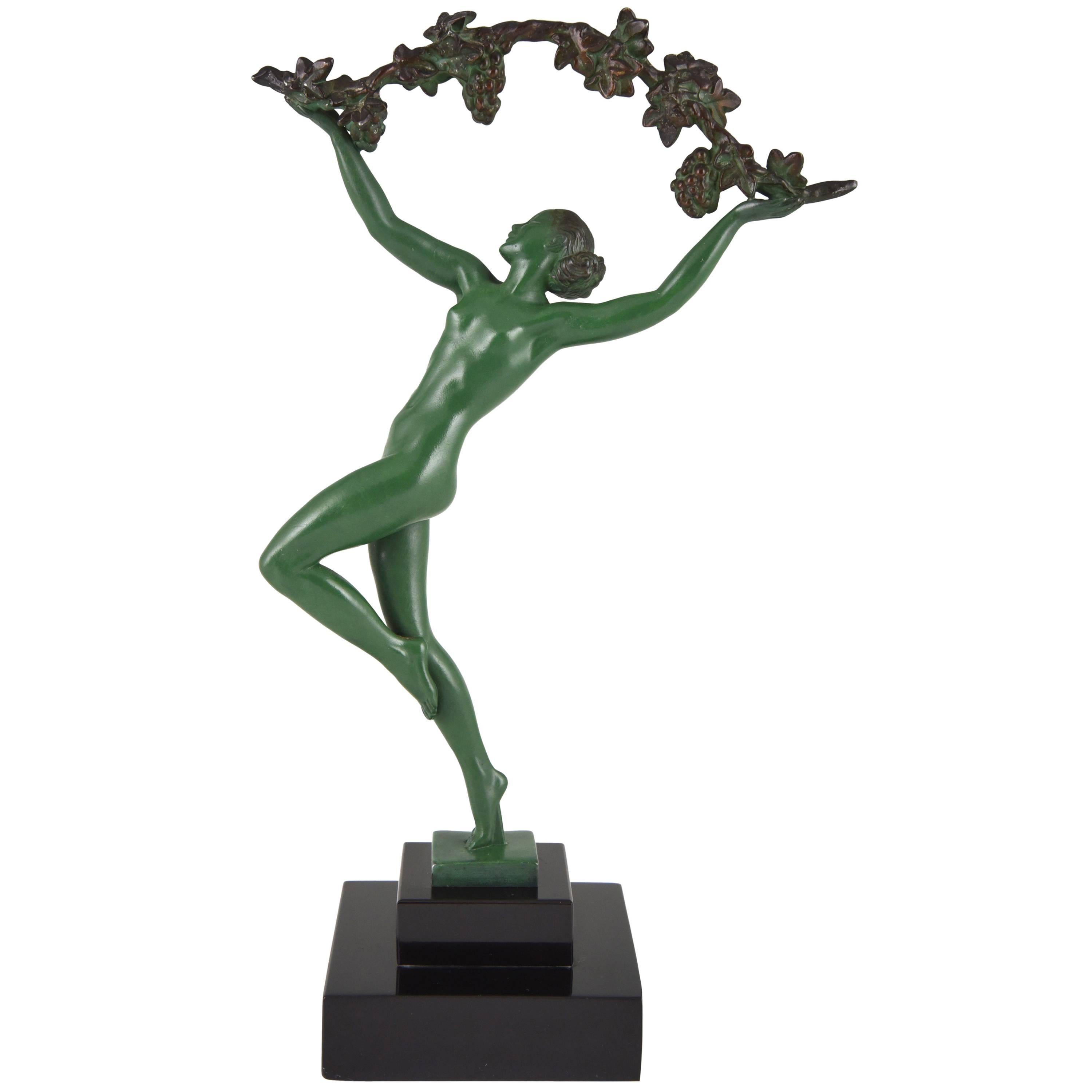 French Art Deco Sculpture of a Nude with a Branch of Grapes by Raymonde Guerbe