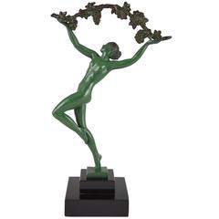 Retro French Art Deco Sculpture of a Nude with a Branch of Grapes by Raymonde Guerbe