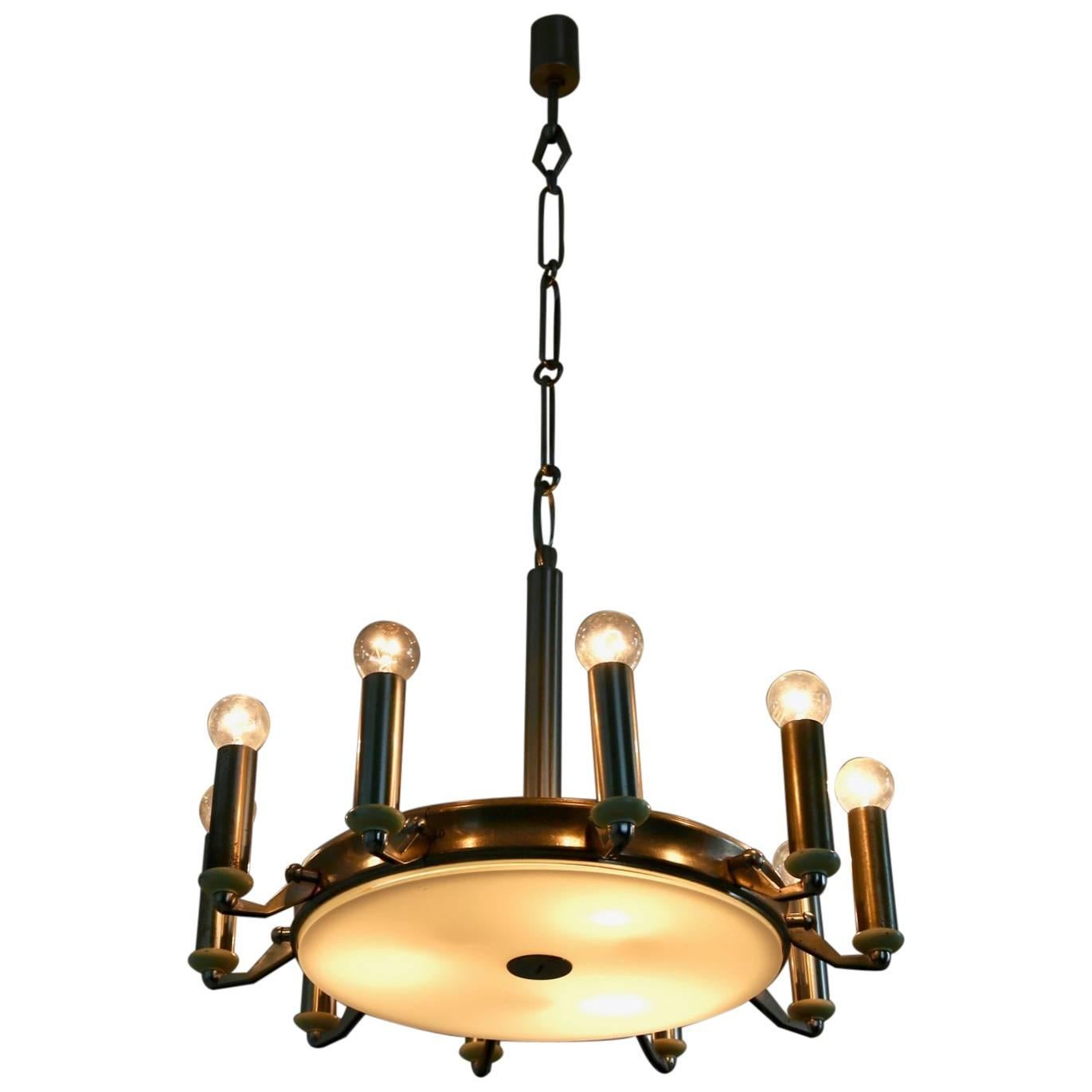 Made in Italy, 1950s. 
It features a nickel-plated and varnished metal structure.
The wiring has been recently revised.
This chandelier is a vintage piece, therefore it might show slight traces of use, but it can be considered as in excellent